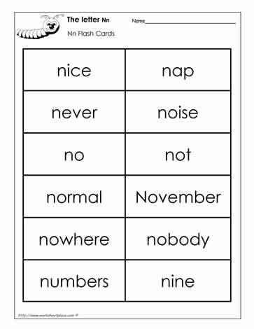 Word Wall Words for the Letter N